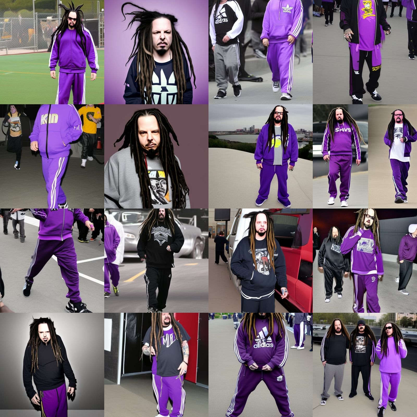 jonathan davis, lead singer of KoRn, man with eyebrow piercing and dreads in a purple adidas tracksuit,