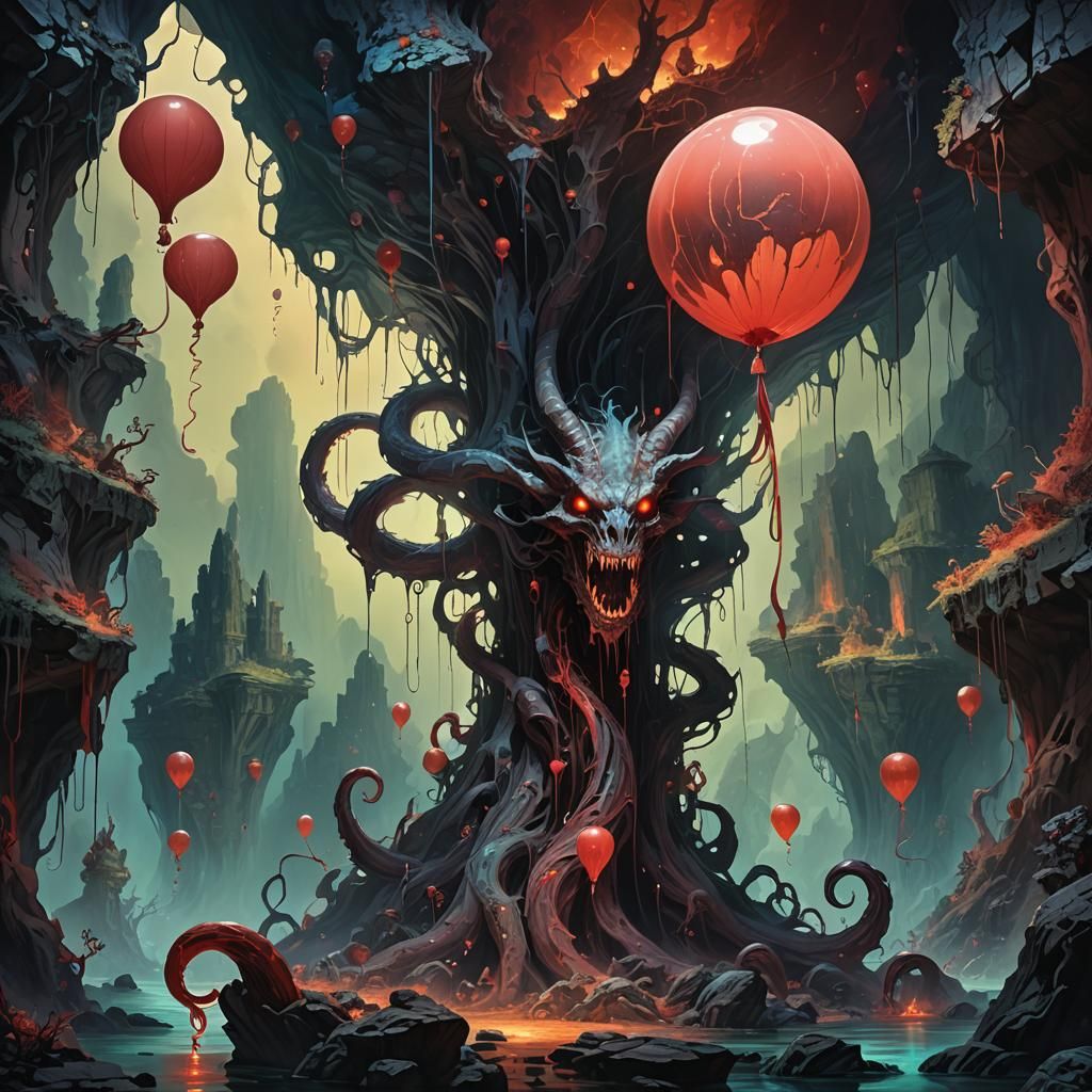 Demonic Entity with Red Balloon in Cave