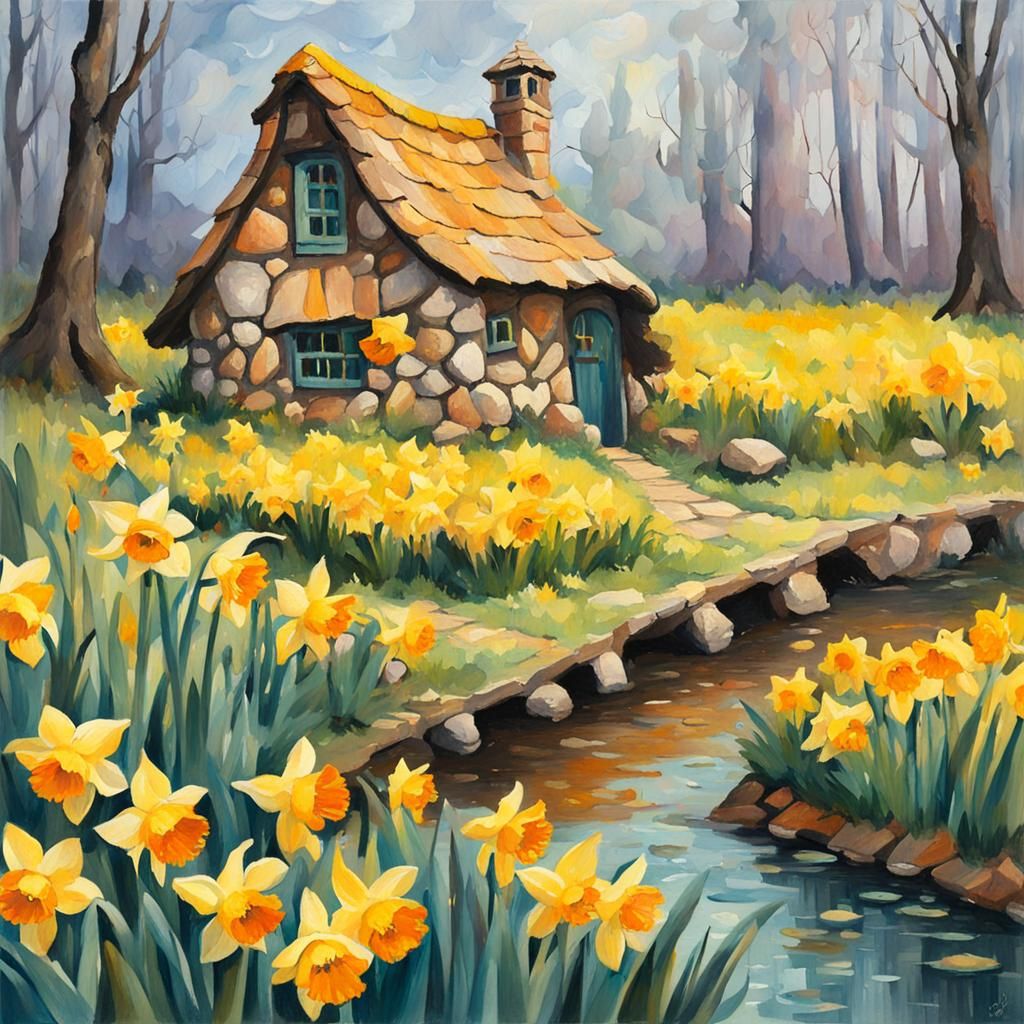 Witch's Cottage in Daffodil: Gouache Impressionism