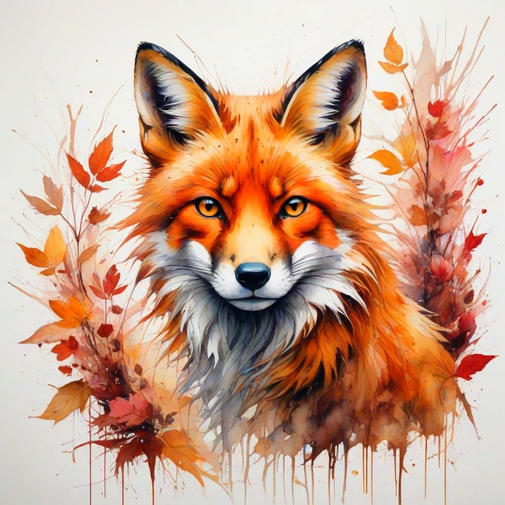 Vibrant Red Fox Moves Through Autumn Grove in Watercolour St...