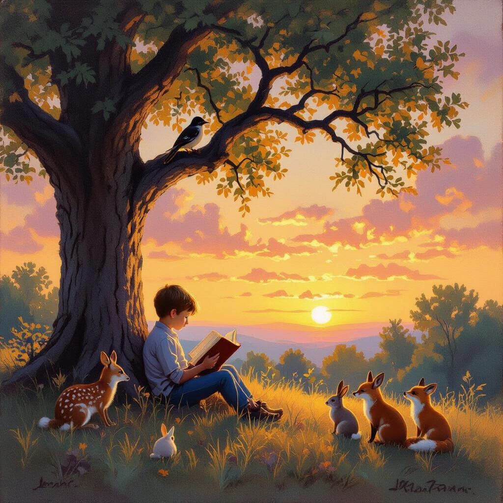 Boy Reading Under Tree Amidst Sunset and Animals