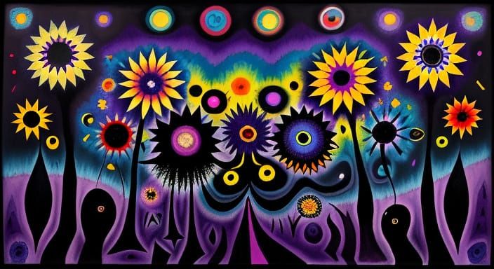 Surreal Dark Meadow with Eerie Creatures and Flowers