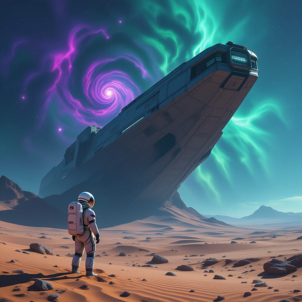 Astronaut Gazes at Ancient Starship on Alien Planet