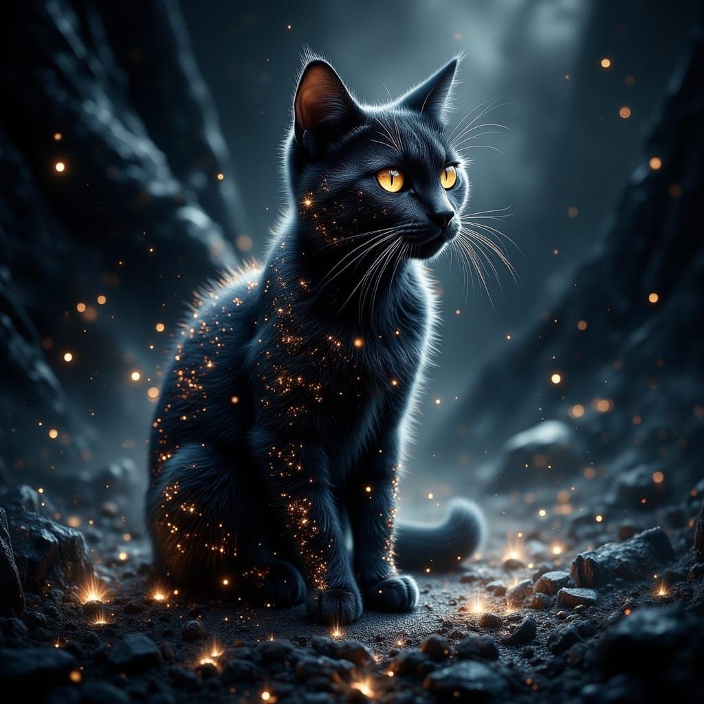 Magical Black Cat Portrait in Dark Style