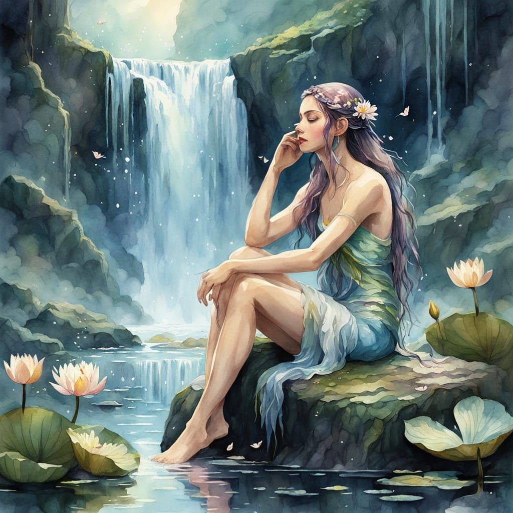 Ethereal Water Nymph in Dreamy Watercolor Style