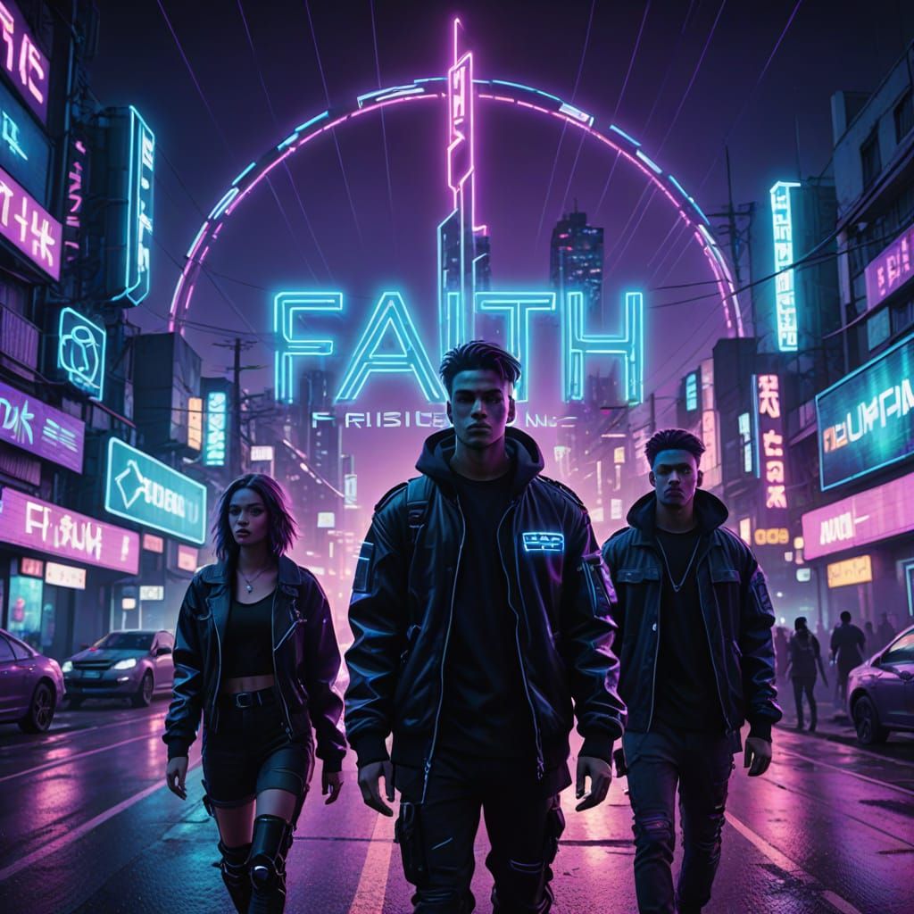 Cyberpunk Poster: FAITH Rising Over Youthful Cityscape