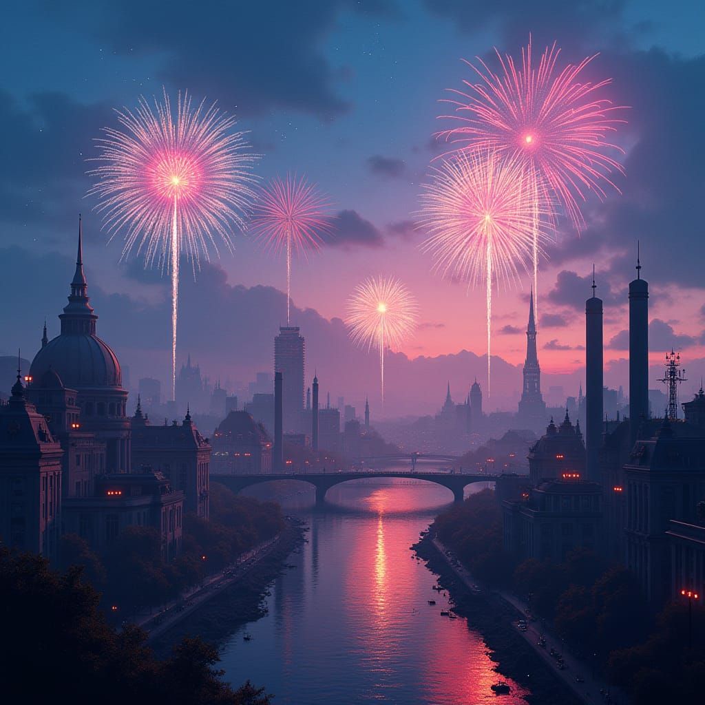 New Year Cityscape with Fireworks, Matte Painting