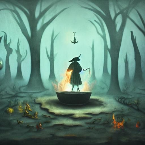 Surreal Witch Stirring Cauldron in Dimly Lit Kitchen