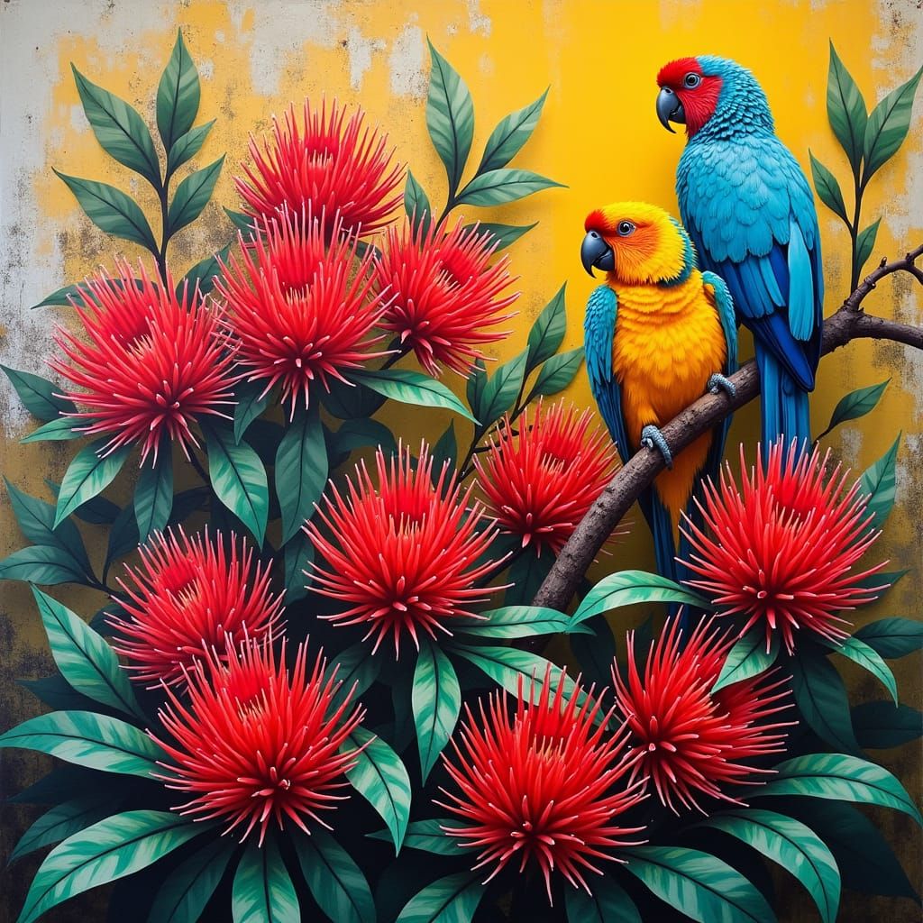 Bottlebrush and Rosellas in Urban Art Style