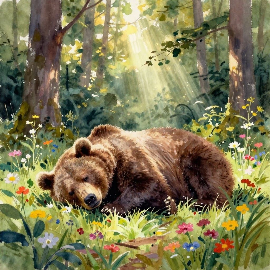 Bear Sleeping in Sunlit Forest Clearing, Watercolor Style