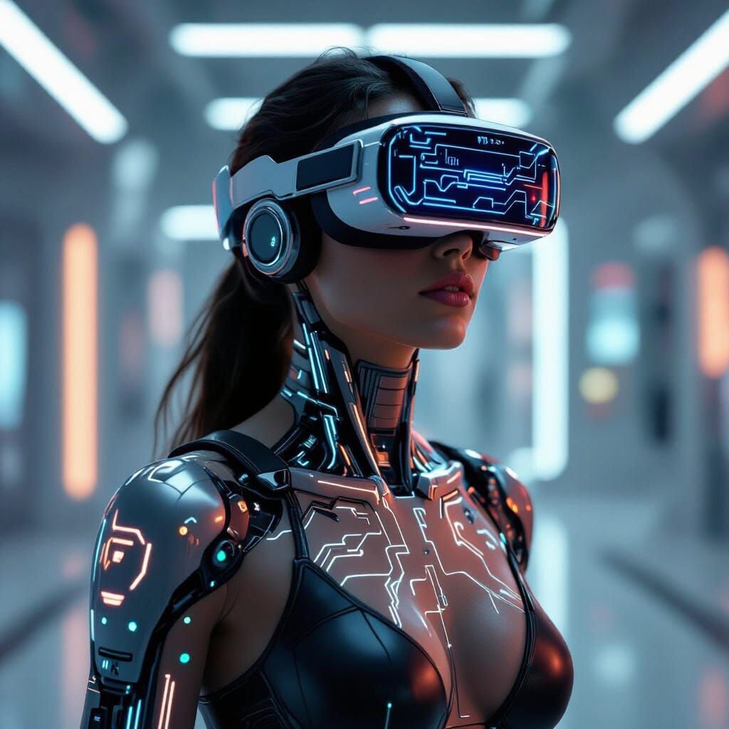 Futuristic Human with Neural Circuits and VR Glasses