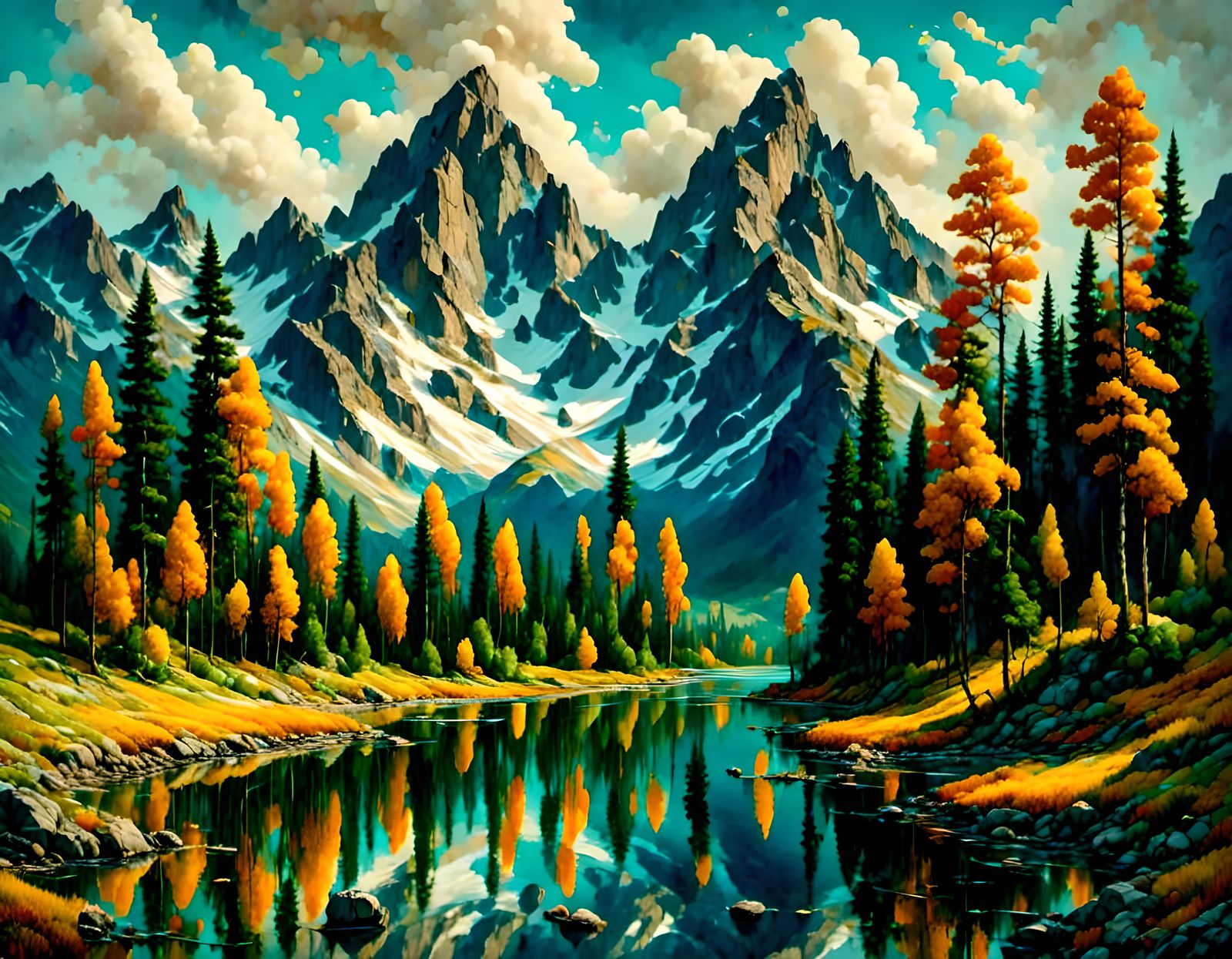 Twin Peaks by Maxfield Parrish (an AI original)