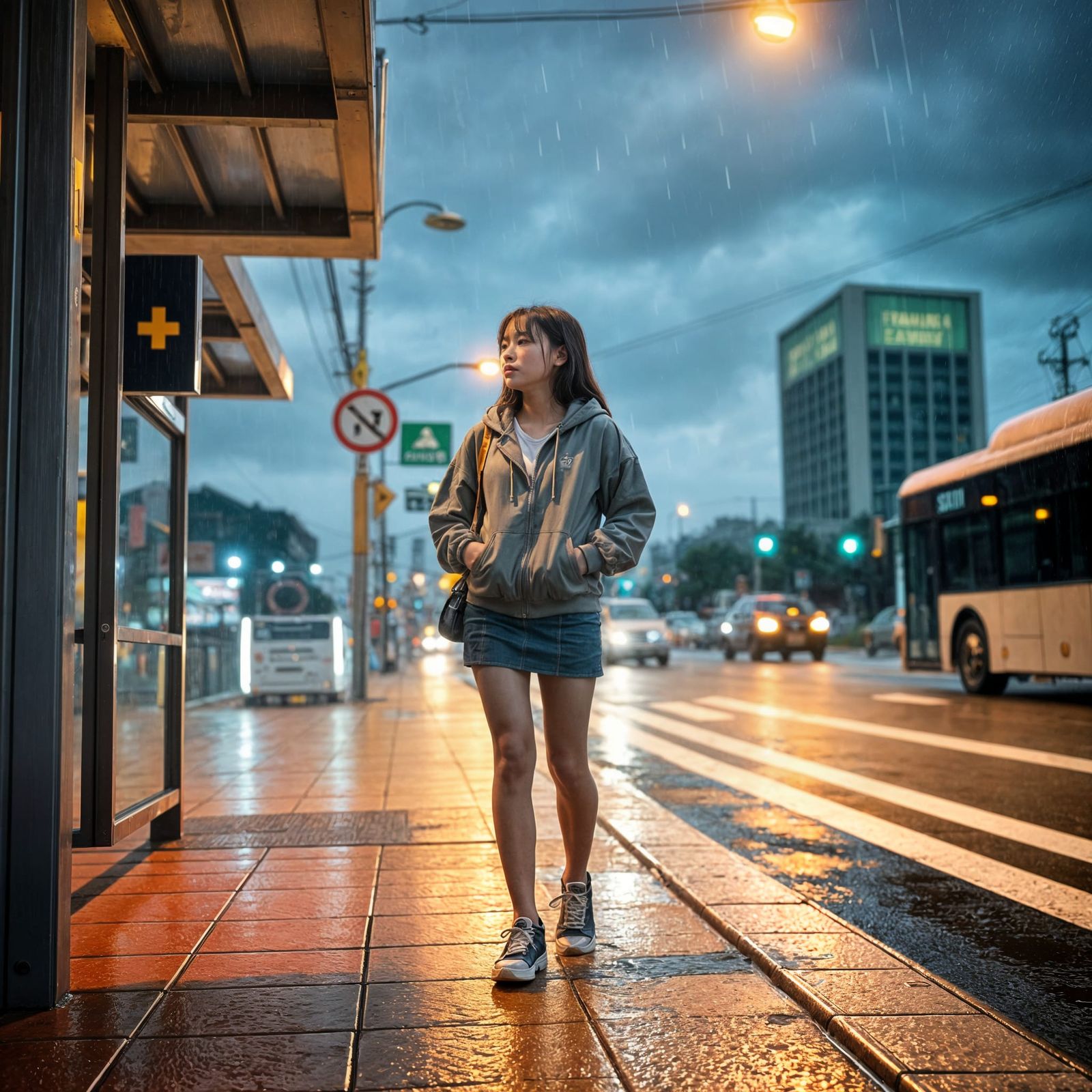 Woman at Bus Stop in Gentle Rain and City Lights