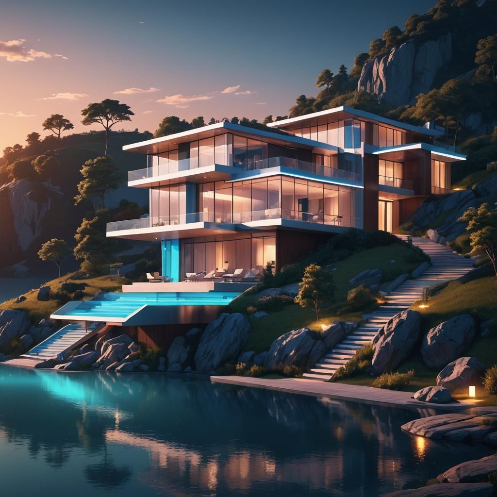 Ultramodern Villa with Neon Lights at Golden Hour