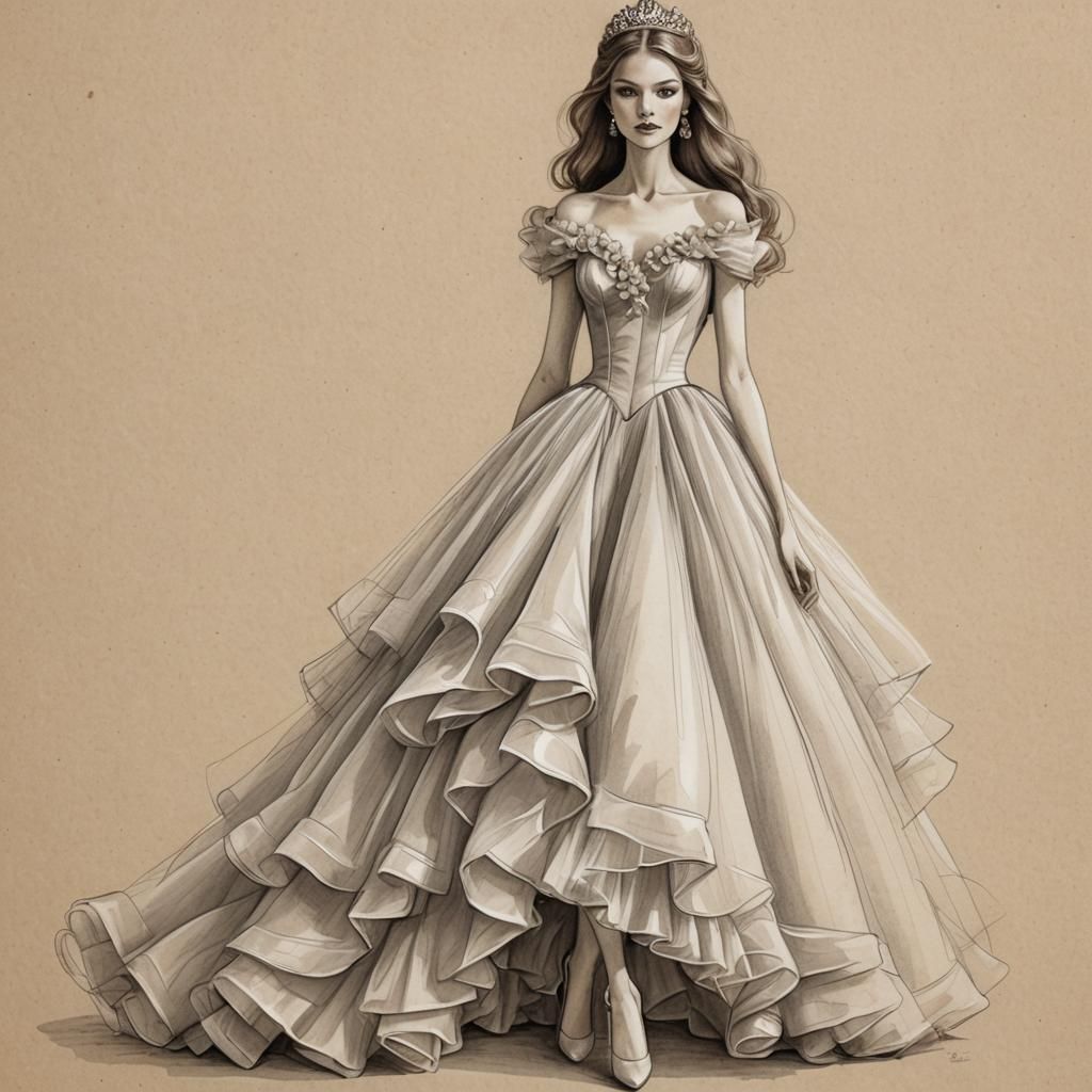 Fashion Model in Ballgown, Pencil Sketch Style