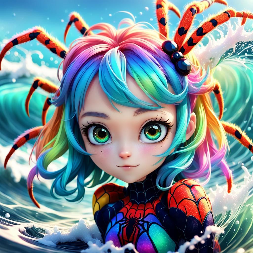 Adorable Spider Girl in Anime Style Ocean Scene