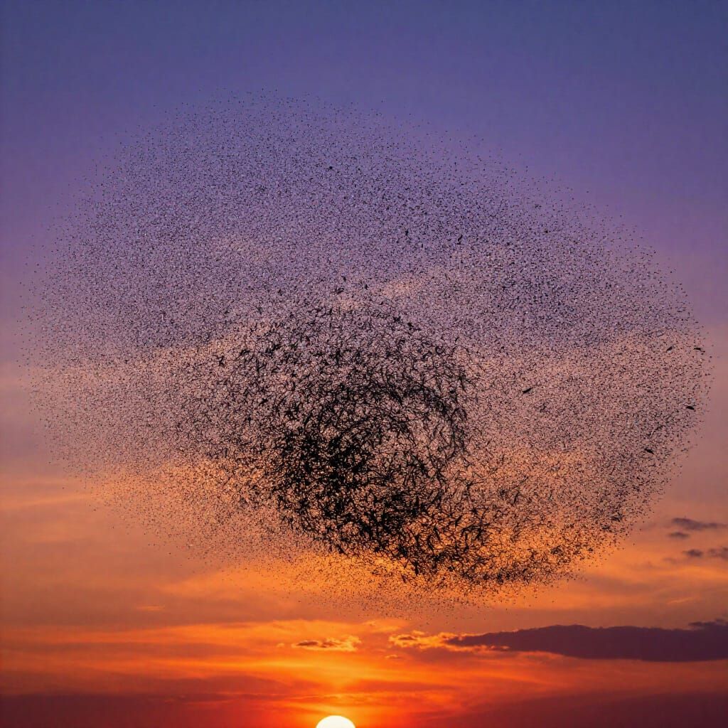 Starling Murmuration at Sunset in Cinematic Style