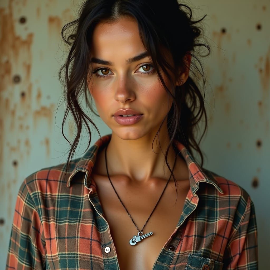 Woman with Chainsaw Necklace in Rustic Style