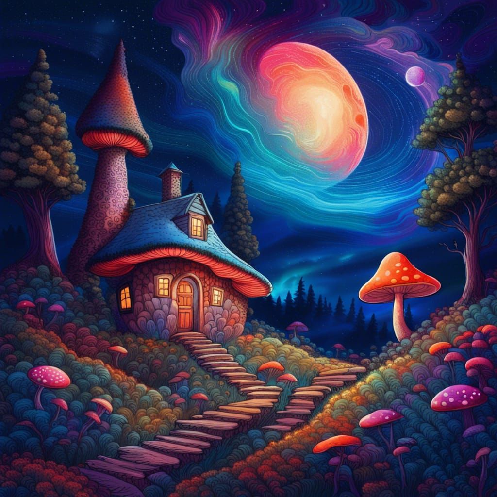 Colorful Mushroom Forest Cottage Under Moonlight