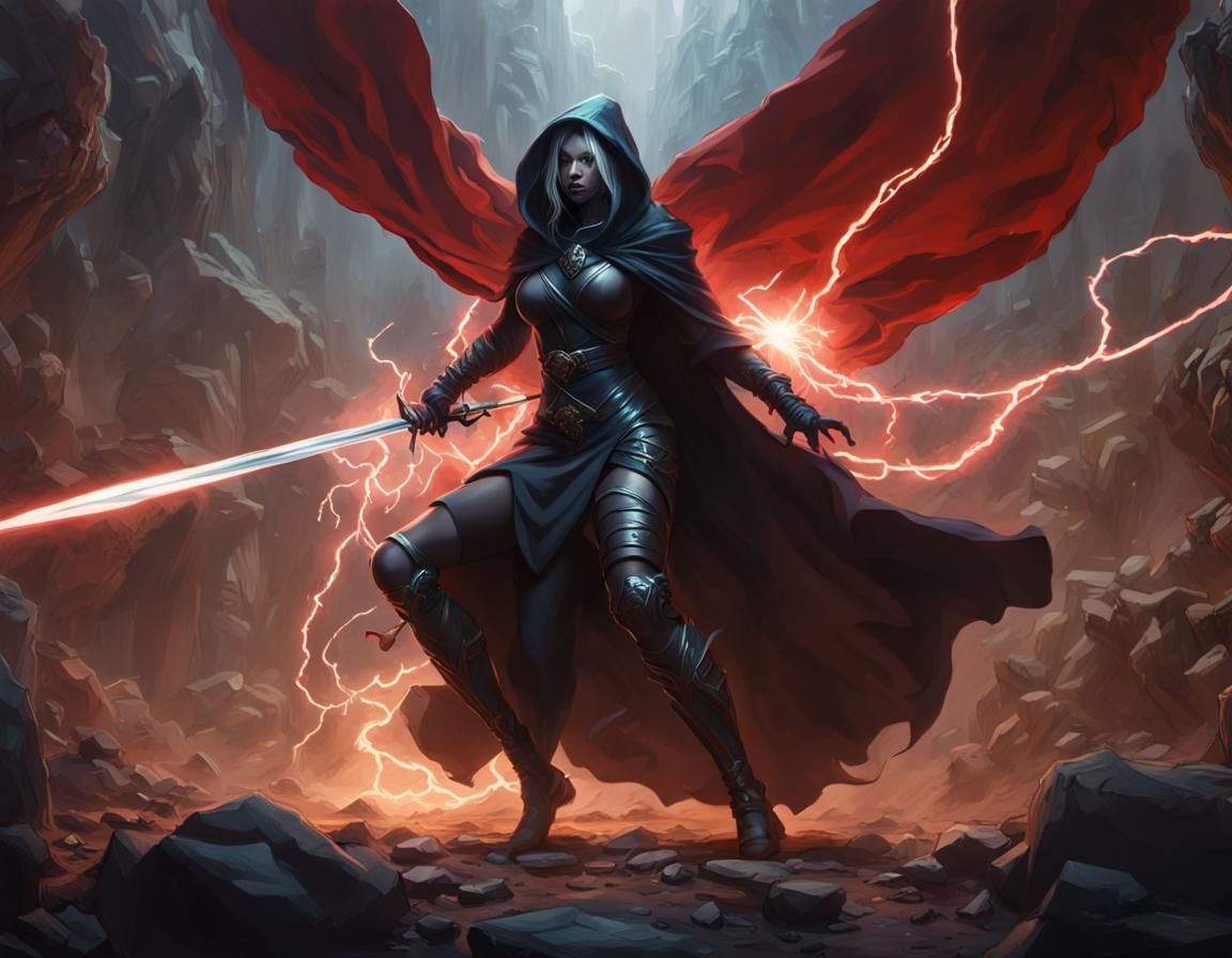 Goliath Rogue Attacks Drow with Lightning, Dark Fantasy Art