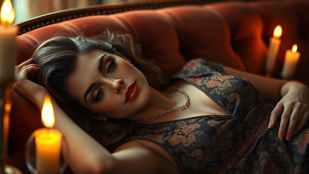 Retro Woman on Velvet Couch in Golden Light