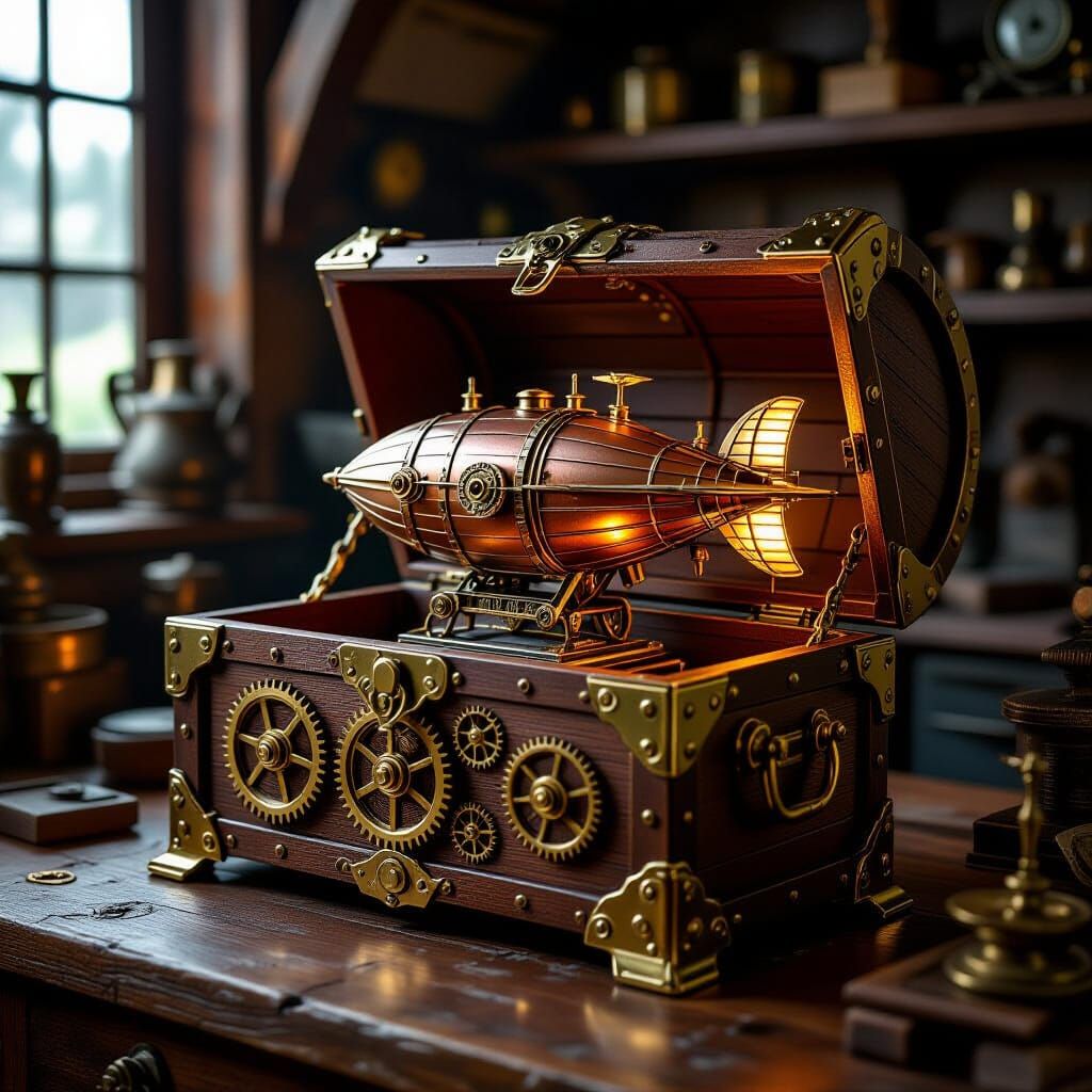 Steampunk Clockwork Treasure Chest with Airship