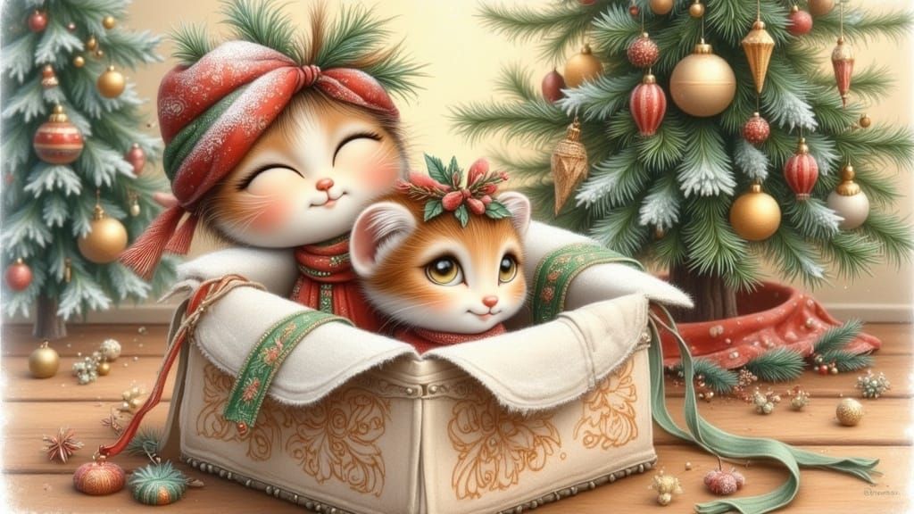Surreal Whimsical Christmas Scene with Cartoon Cats