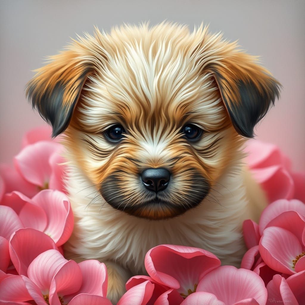 Puppy in Rose: Whimsical Gouache Painting