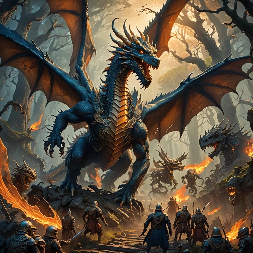 Dragon Soars Above Skeleton Army in Mystic Forest