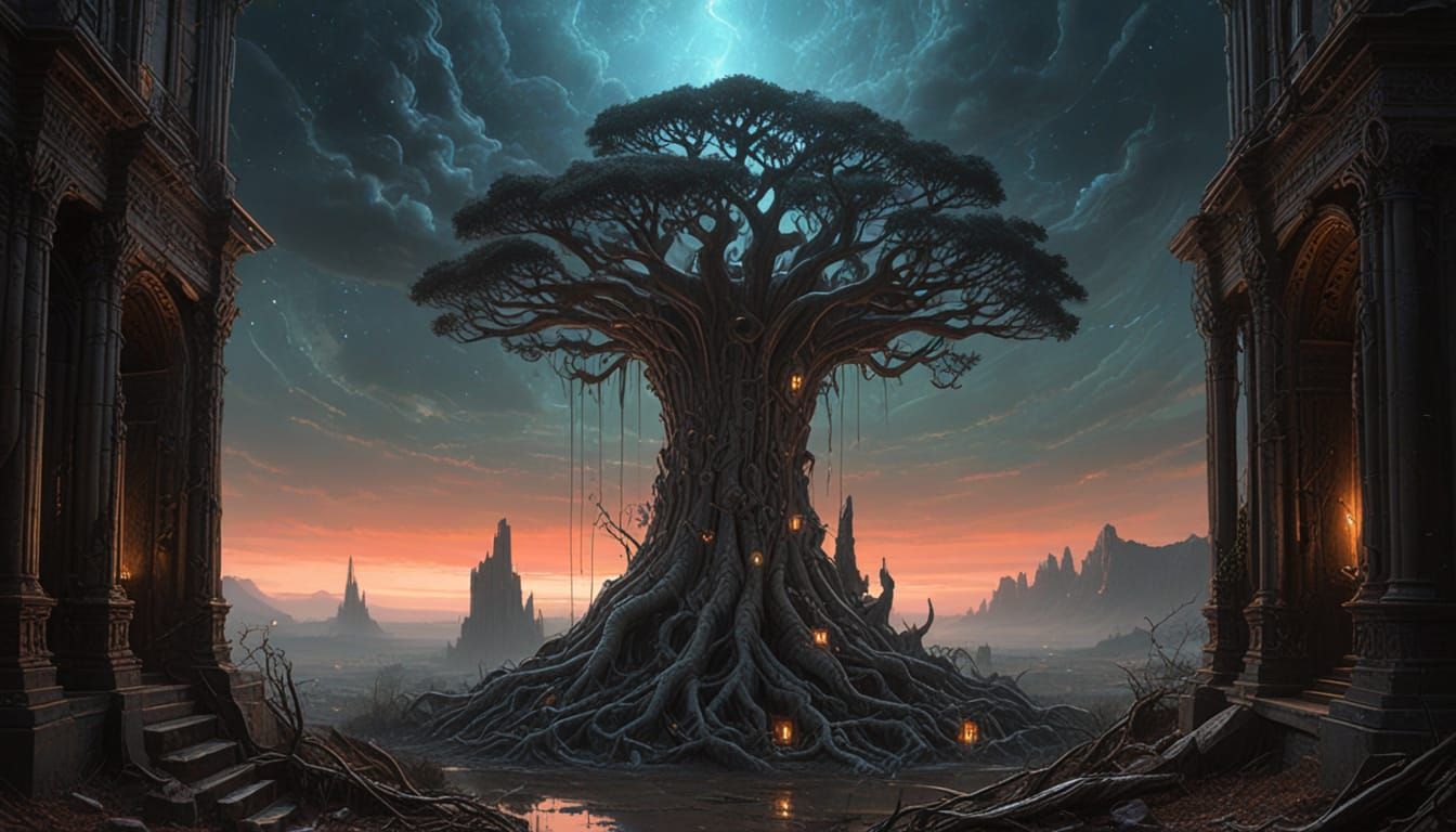 Cosmic Tree Cathedral Ruins in Beksiński-Giger Style