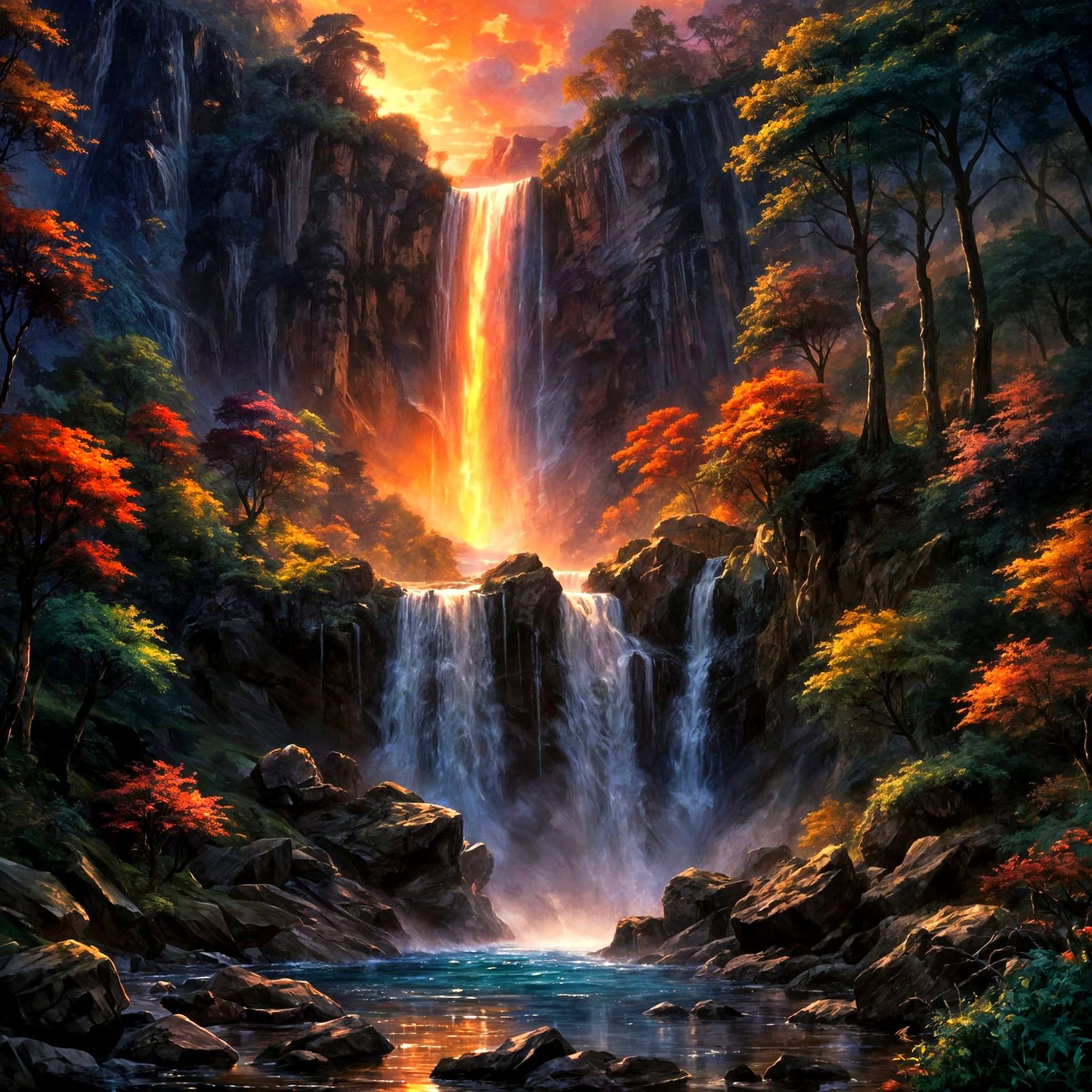 Vivid Waterfall Sunset Inspired by Anime Art