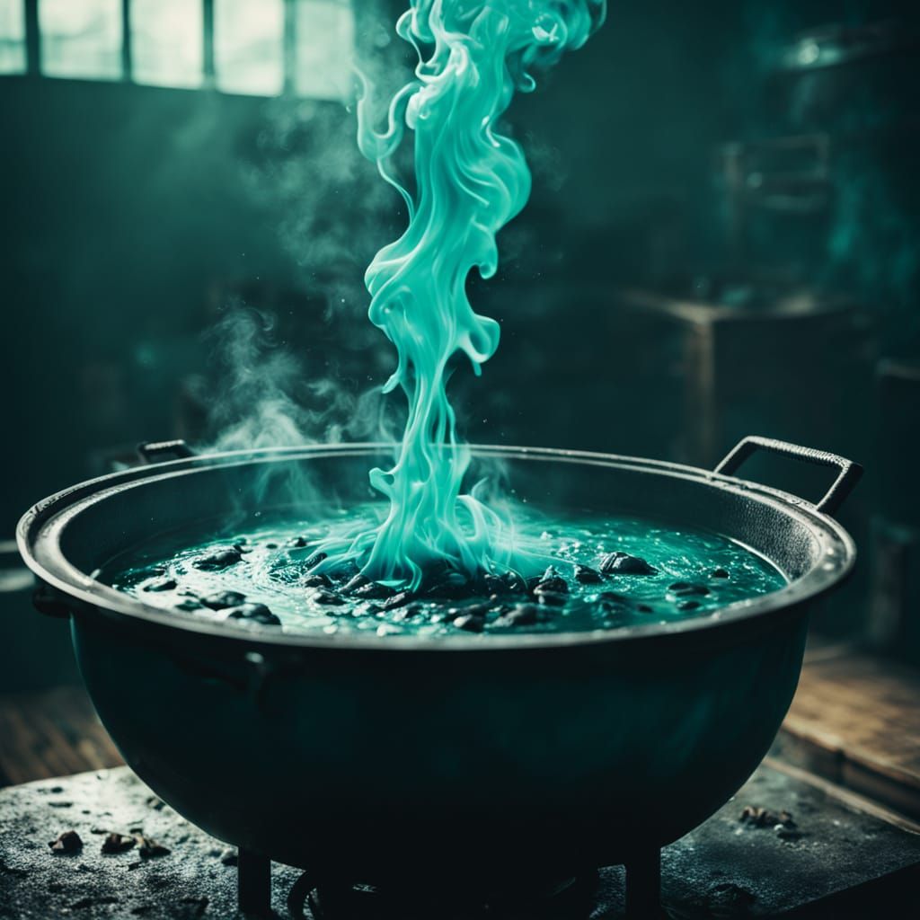 Cauldron filled with a boiling teal liquid 134