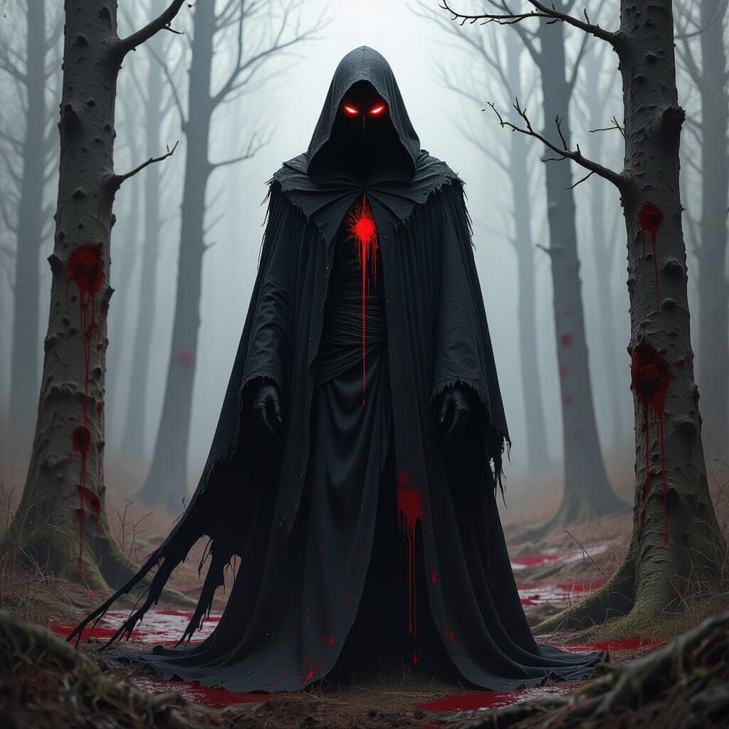 Eerie Figure in Dark Forest: A Surreal Biomechanical Vision