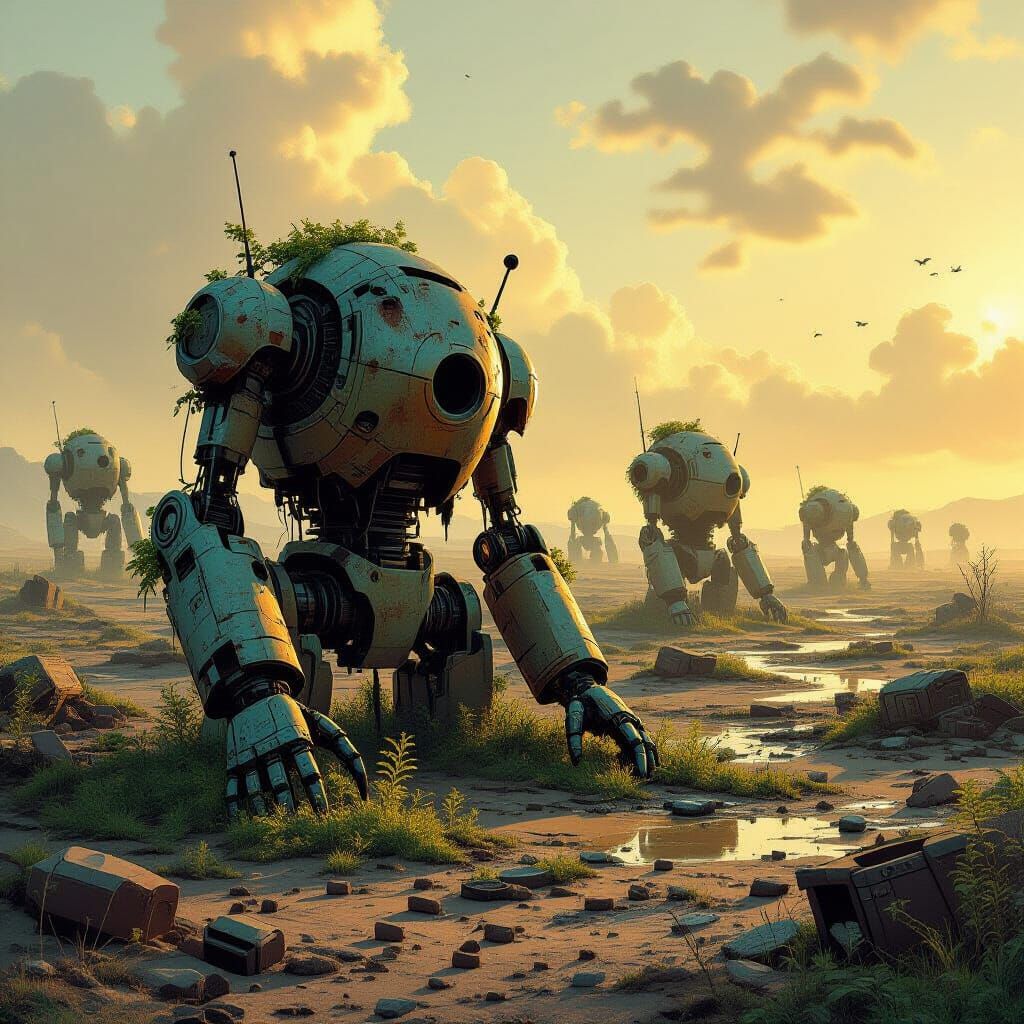 Robotic Graveyard Reclaimed by Nature in Golden Hour