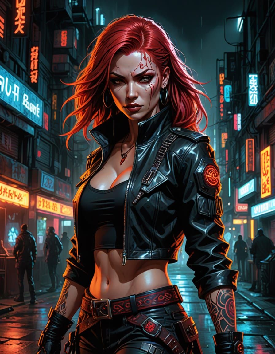 Cyberpunk Swordswoman in a Neon Alley