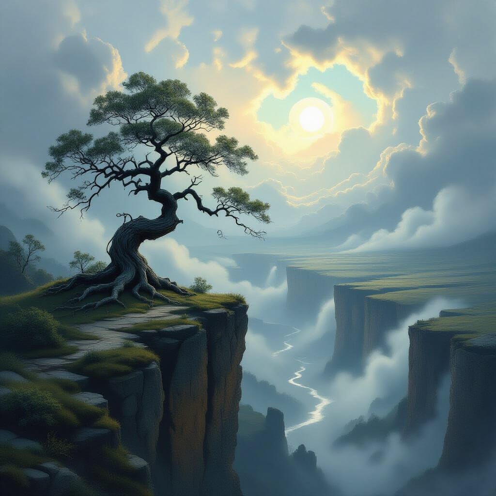 Ancient Tree on Windswept Cliff Overlooking Misty Canyon