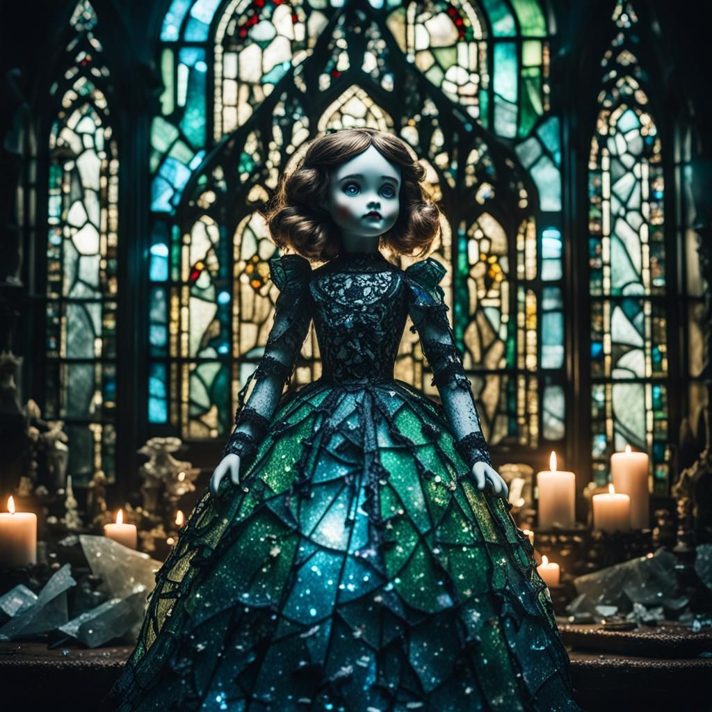 Eerie Porcelain Doll in Gothic Shattered Glass