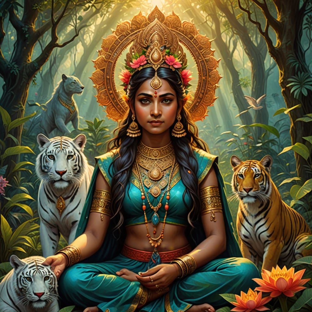 Vibrant Indian Goddess in a Lush Jungle Oasis
