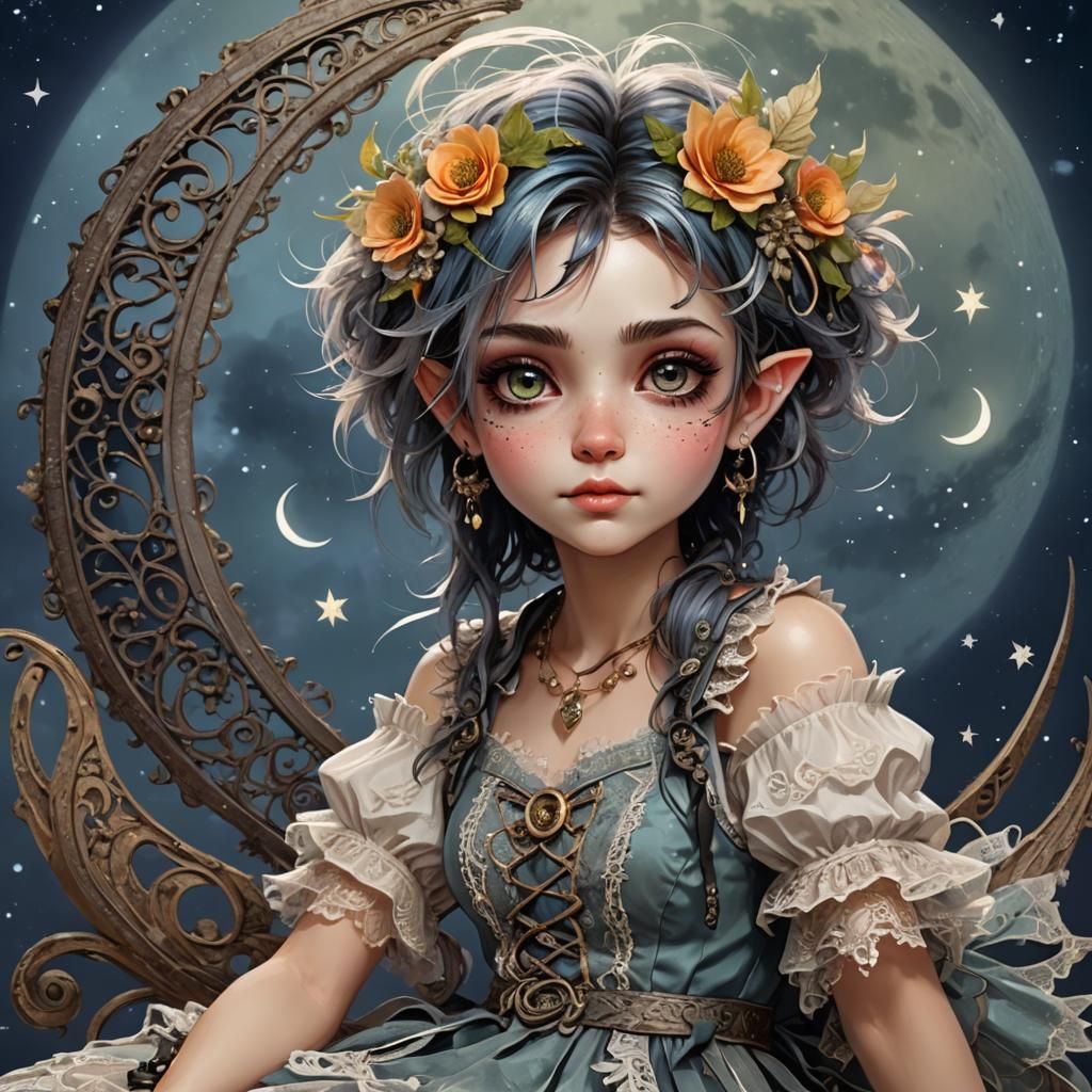 Whimsical Pixie on Crescent Moon in Digital Art