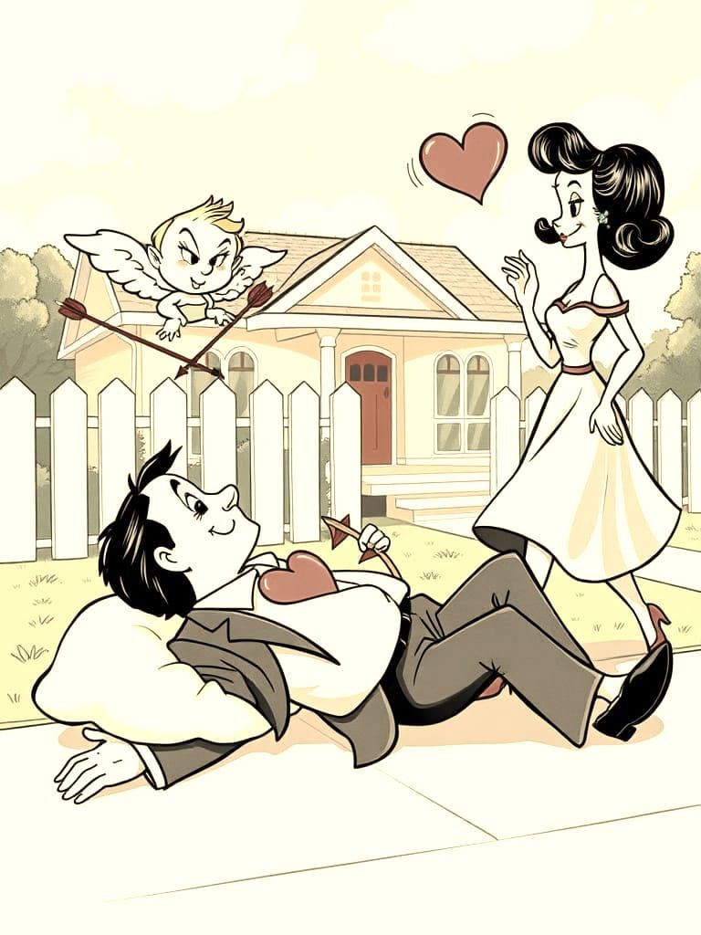 Surreal Cartoon Valentine's Day Scene in 50's Style