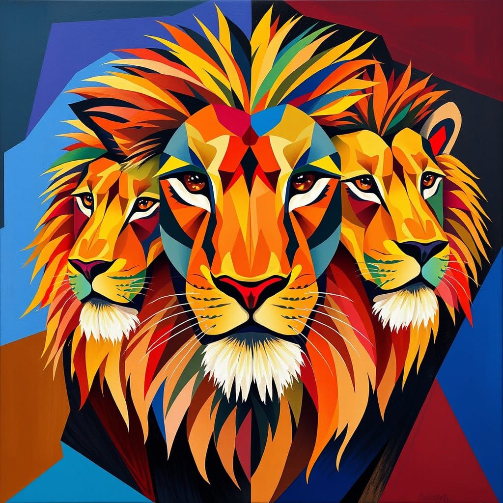 Cubist Lions in Vibrant Geometric Style