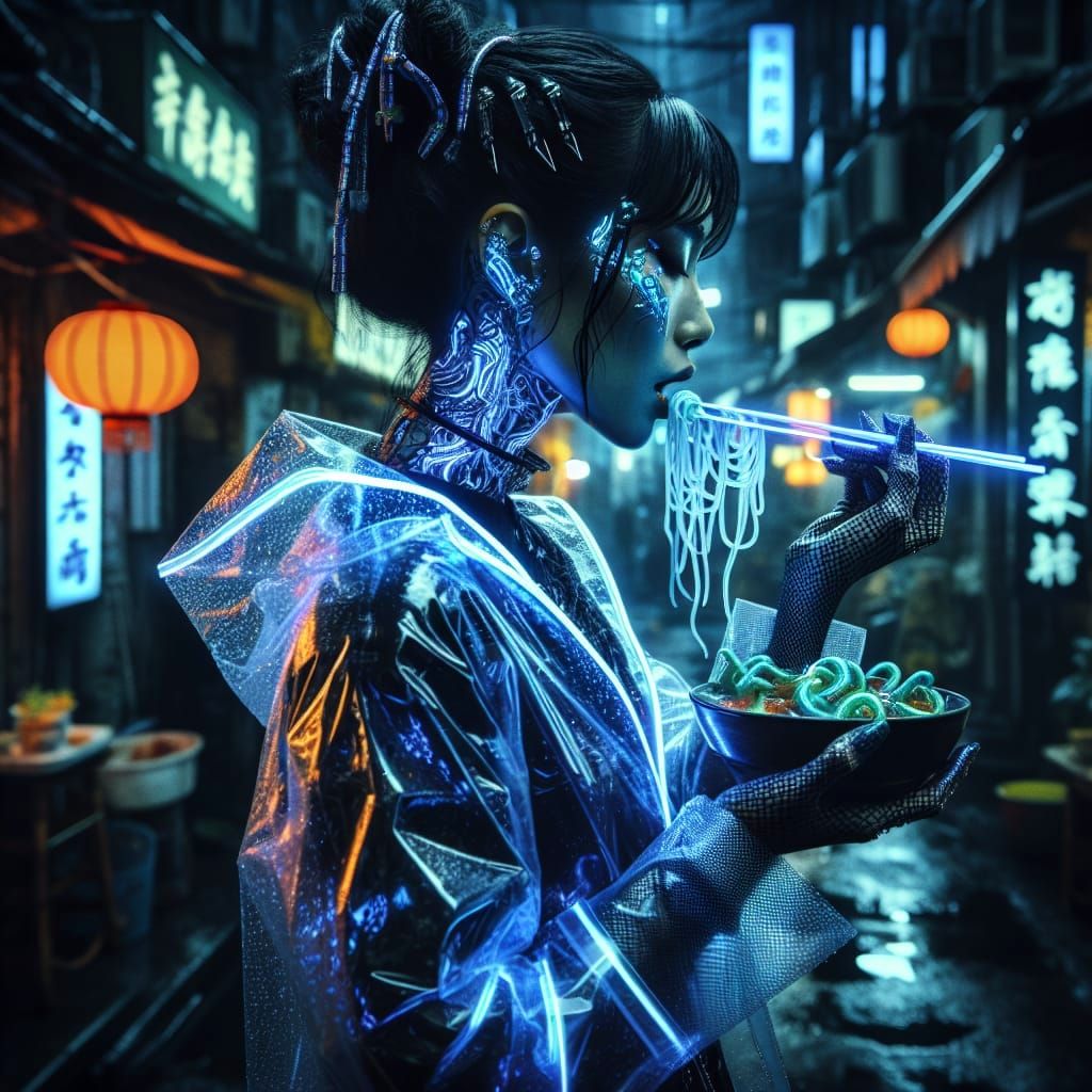 Cyberpunk Girl with Neon Tattoos in Black Light Art