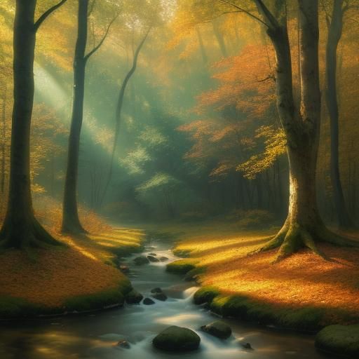 Autumn woods at dawn in the glistening sun and beautiful woodland creatures