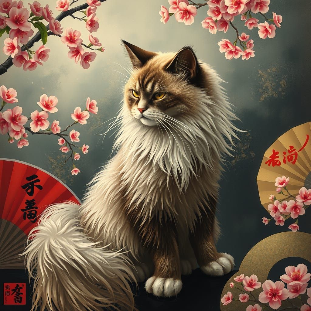 Samurai Cat in Ukiyo-e Woodblock Print Style