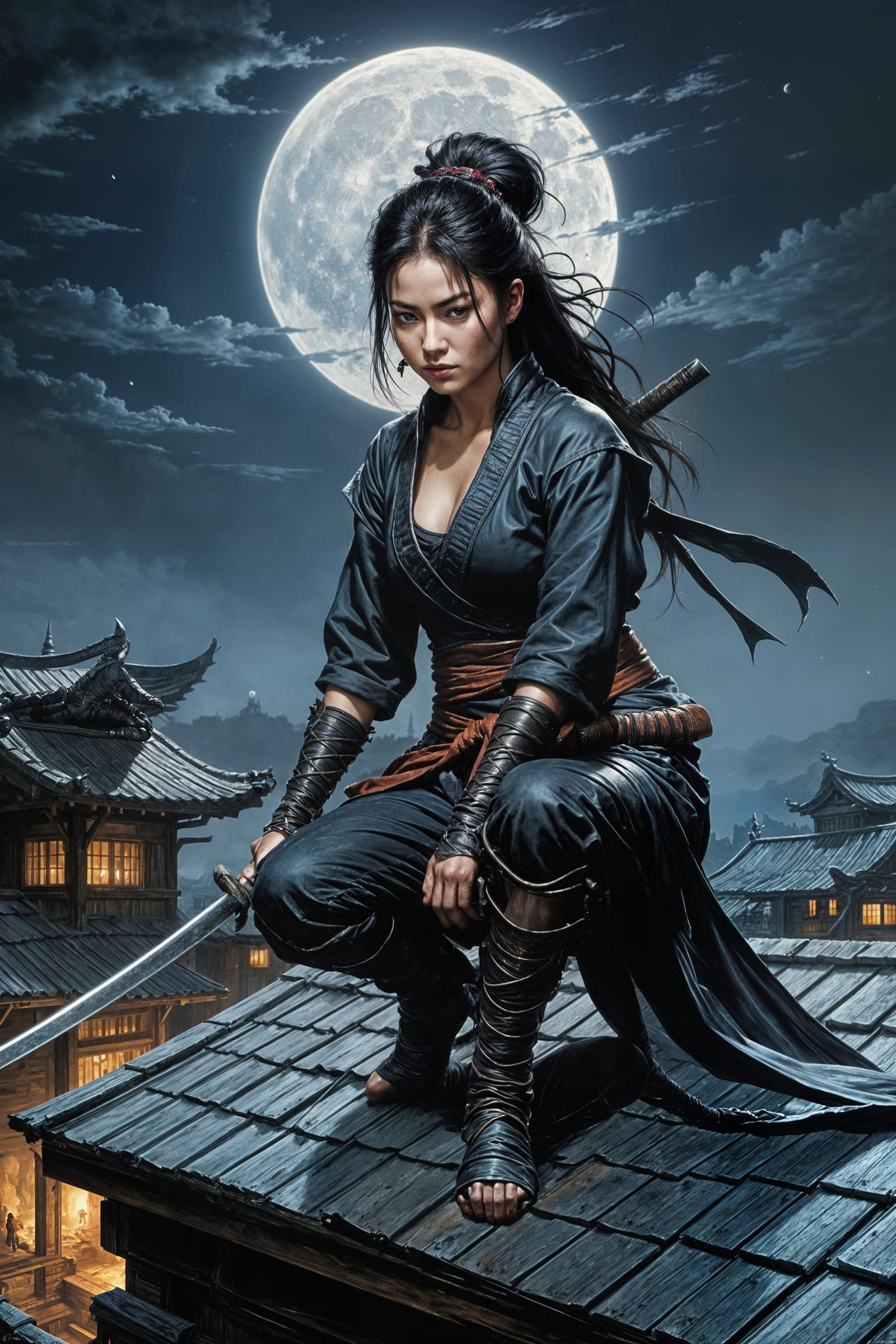 Kunoichi Crouching on Rooftop in Dark Fantasy Style