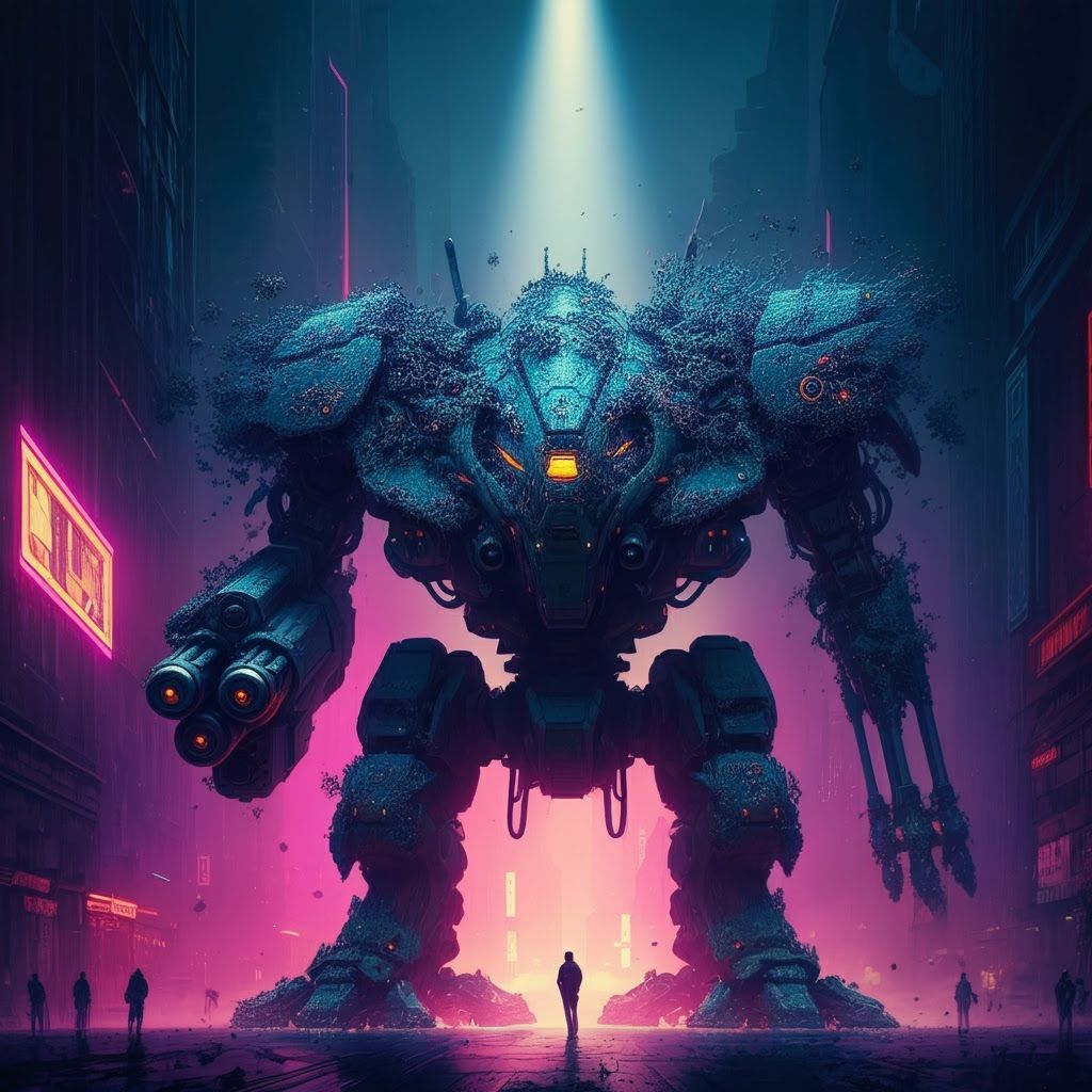 Nanotech Battle-Mech in Cyberpunk Cityscape