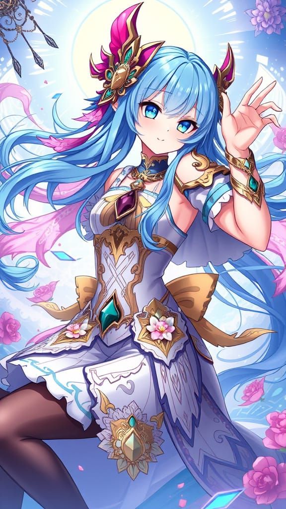 Girl with Vibrant Blue Hair Poses Dynamically in Fantastical...