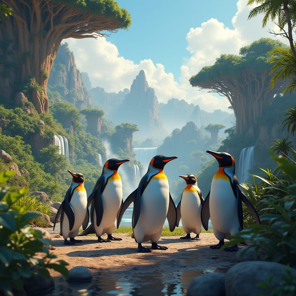 Heroic Penguins in Dreamlike Madagascar Cityscape