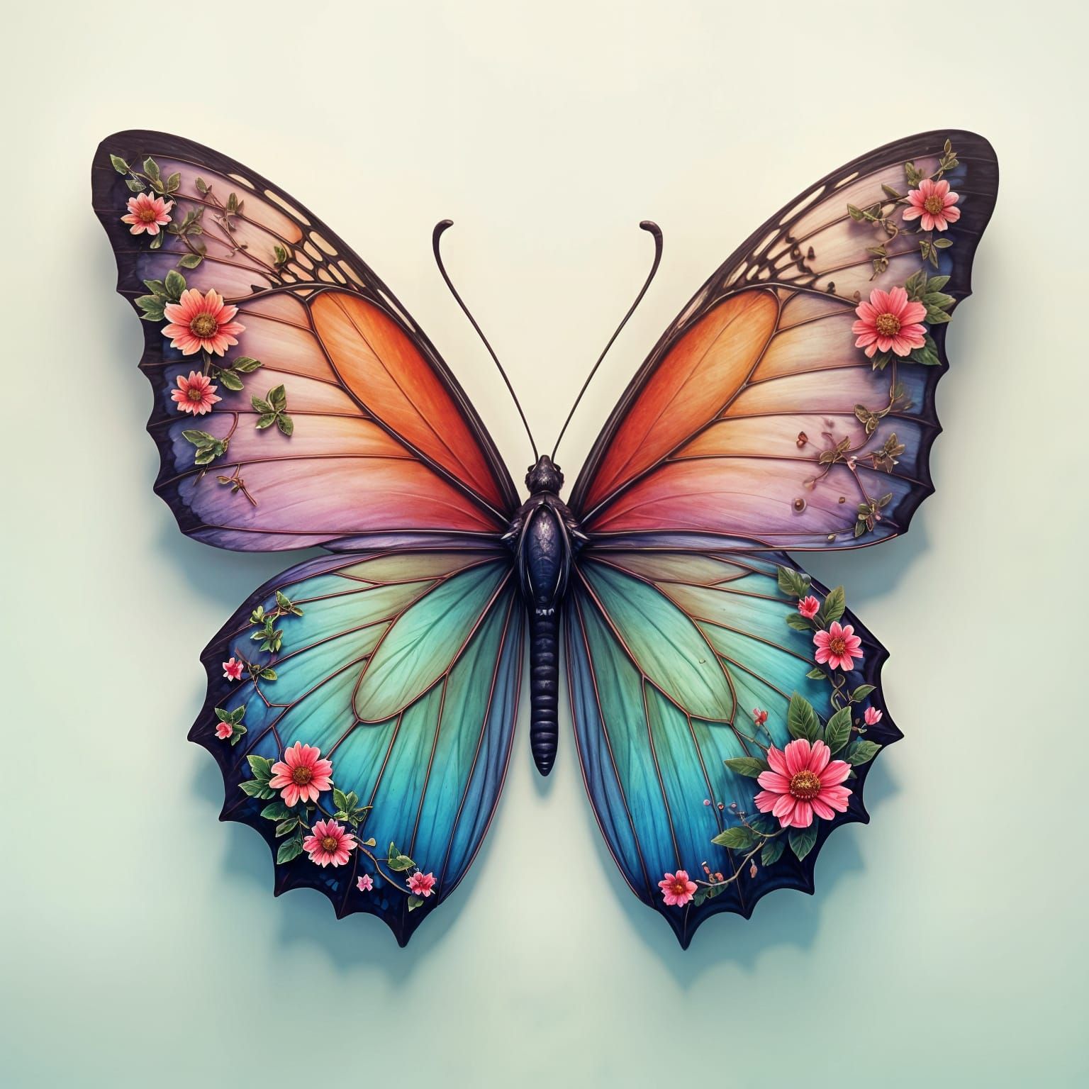 Butterfly with Floral Wing Art in Detailed Matte Painting