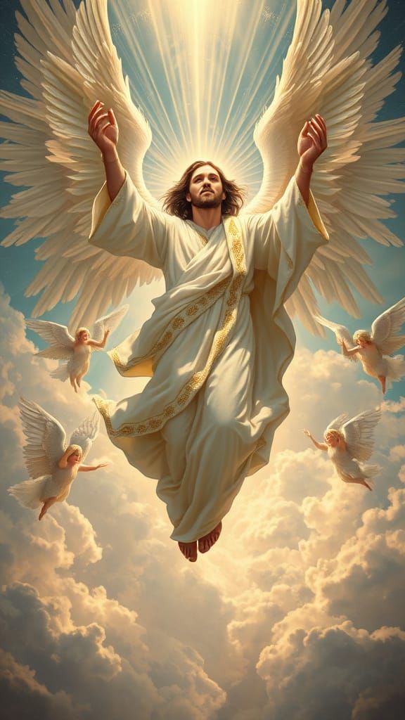 Jesus Descends Amidst Majestic Angels in Ethereal Heaven